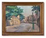 View of church street by Donald Currie, Oil on canvas, sold Oct 2024