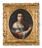 Portrait of a lady holding a crown by Giovanni Martinelli, Oil on canvas, framed as an oval, offered Oct 2024