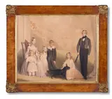 A family group with a dog in an interior scene by J. Carptenter, Watercolour, sold Oct 2024