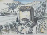 French landscape by Adrian Allinson, mixed media, sold Jan 2025