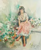 Young woman seated in a pink skirt by Gordon King, oil on canvas, sold Jan 2025