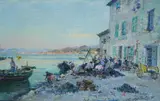 Neapolitan coastal scene with seated by Julien Gustave Gagliardini, oil on canvas, sold Jan 2025