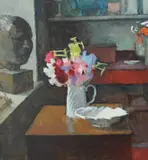 Sweet peas by Philip Matthews, oil on board, sold Jan 2025