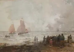 Dutch fisherfolk on a beach by John Terris, watercolour, sold Jan 2025