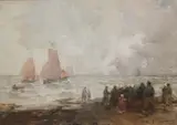 Dutch fisherfolk on a beach by John Terris, watercolour, sold Jan 2025