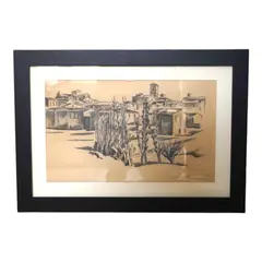 Mediterranean landscape with villas by Adrian Allinson, charcoal, sold Jan 2025