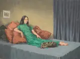 Study of a reclining woman wearing green by Victor Coverley-Price, oil on board, offered Dec 2024