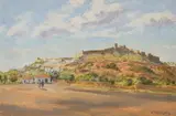 Landscape with walled city by Victor Coverley-Price, oil on board, offered Dec 2024