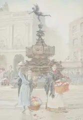Flower sellers by the Eros statue in by Walter Duncan, 1909, pencil and watercolour, offered Dec 2024