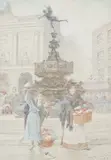 Flower sellers by the Eros statue in by Walter Duncan, 1909, pencil and watercolour, offered Dec 2024