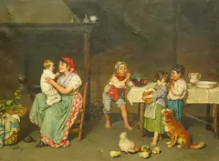 Interior with mother and children by Federico Mazzotta, oil on canvas, sold Dec 2024