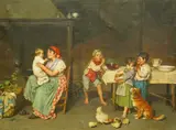 Interior with mother and children by Federico Mazzotta, oil on canvas, sold Dec 2024