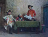 A Report to Headquarters by Alfred Holst Tourrier, oil on board, offered Dec 2024