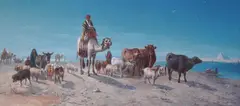 Arab herdsman beside the Nileoil on mill boardsigned and dated by William Luker, 1868, oil, offered Dec 2024