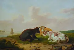 Cattle resting in a coastal meadowoil on canvassigned by Thomas Sidney Cooper, 1834, oil on canvas, offered Dec 2024
