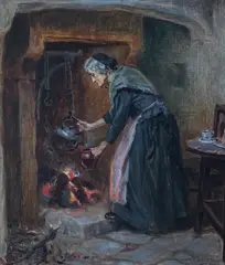 Interior with old woman at the hearthoil on canvassigned and dated by Ralph Hedley, oil on canvas, sold Dec 2024