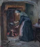 Interior with old woman at the hearthoil on canvassigned and dated by Ralph Hedley, oil on canvas, sold Dec 2024