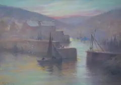 The haven under the hill, evening by Herbert E. Butler, oil on board, sold Dec 2024