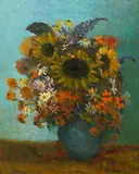Still life of sunflowers and other blooms in a blue by James Bolivar Manson, oil on board, sold Dec 2024