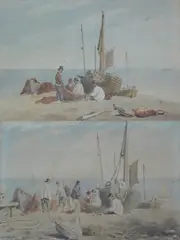 Fishermen and boats on Brighton beachwatercolours by Frederick Nash, c.1820, ink, sold Dec 2024
