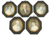 Portrait miniatures of five family memberswatercolour on ivory by John Hazlitt, watercolour, sold Dec 2024