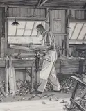 The Cricket Bat Makerdrypoint etchingsigned and dated by William Washington, 1934, etching, sold Dec 2024