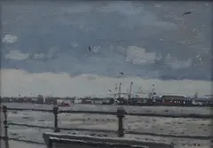 Harbour scene with docks by Ken Howard, oil on board, sold Dec 2024