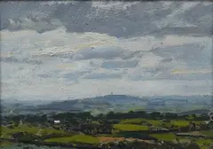 Rural landscape with distant view of Glastonbury by Ken Howard, oil on board, sold Dec 2024