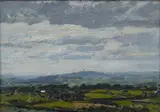 Rural landscape with distant view of Glastonbury by Ken Howard, oil on board, sold Dec 2024