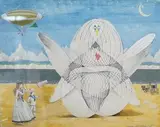 Figures and dirigible on the beach by Gerald Mackenzie Leet, watercolour, sold Dec 2024