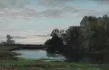Lakeside scene by Louis-Augustin Auguin, oil on canvas, sold Nov 2024