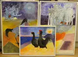 Abstract studies of birds before landscapes by Caroline Conran, oil, offered Nov 2024