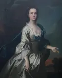 Portrait of a lady standing three quarter length in a by Thomas Hudson, oil on canvas, offered Nov 2024