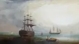 Shipping off the coast on a calm seaoil on canvassigned and by Adolphus Knell, 1876, Oil on canvas relined, offered Nov 2024
