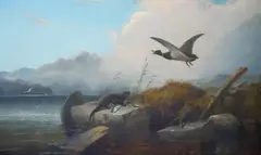 A highland river landscape with an otter and his catch by Robert Henry Roe, oil on canvas, sold Nov 2024