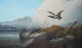 A highland river landscape with an otter and his catch by Robert Henry Roe, oil on canvas, sold Nov 2024