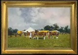 Shire horses on parade at a show / market by Stephen Park, oil on canvas, sold Jun 2025