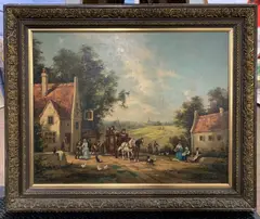 Stagecoach and figures alongside an inn by Gudrun Sibbons, oil on canvas, sold Jun 2025
