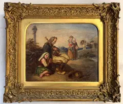 A contemplative traveller sits with young child as figures by Joseph Bouvier, oil on canvas, sold Jun 2025