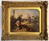A contemplative traveller sits with young child as figures by Joseph Bouvier, oil on canvas, sold Jun 2025