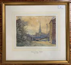 A riverbank view across to Norwich Cathedral by Russell Sydney Reeve, watercolour, sold Jun 2025