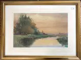 Sunset view over water with grazing by Alice Maud Levine Fowler, watercolour, sold Jun 2025