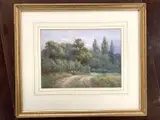 A rural view across a track with two figures and woodland by William Joseph King, watercolour, sold May 2025