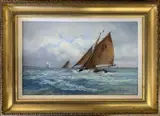 Sailing ships in choppy seas by Mig Hurley, oil on board, sold May 2025