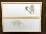 Abstract figures by Karen Lorenz, mixed media on paper, offered May 2025