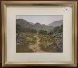 View over rocky / moutainous terrain by Lesley Alistoun, oil on canvas board, sold May 2025