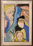 Surrealist depiction of figures by Nancy Whistler, oil on board, offered May 2025