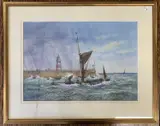 Coastal shipping scene by Mig Hurley, 1999, watercolour and gouache on board, offered May 2025