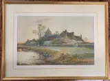 Village scene with a foreground pond and thatched cottages by Sophia Sinclair, watercolor, sold May 2025