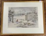 Pheasants by a gate by Roland Green, watercolour and gouache, sold May 2025